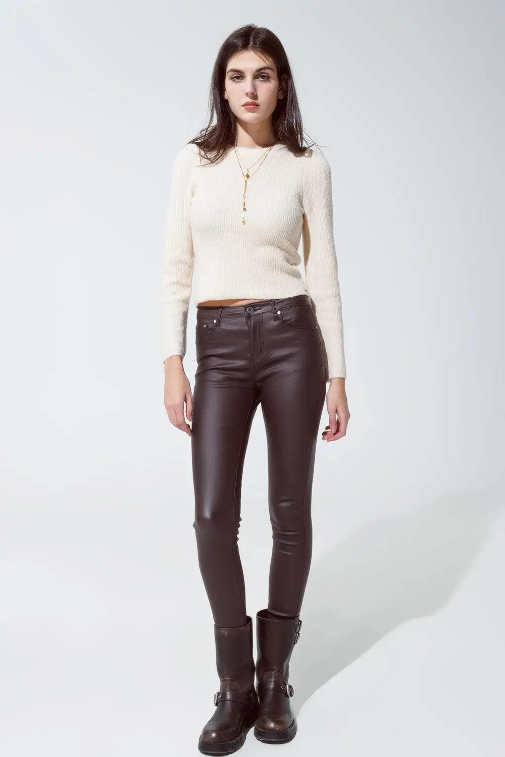 leatherette effect super skinny pants in dark brown - Pants
