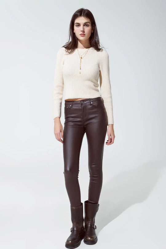 leatherette effect super skinny pants in dark brown - Pants