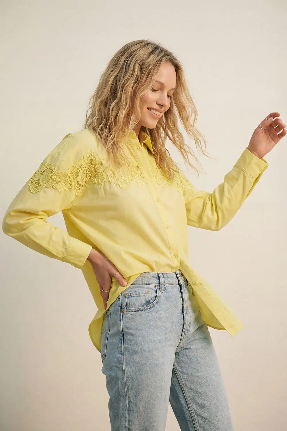 Yellow Oversized Poplin Shirt with Lace Detail - One Size / Yellow - Shirts