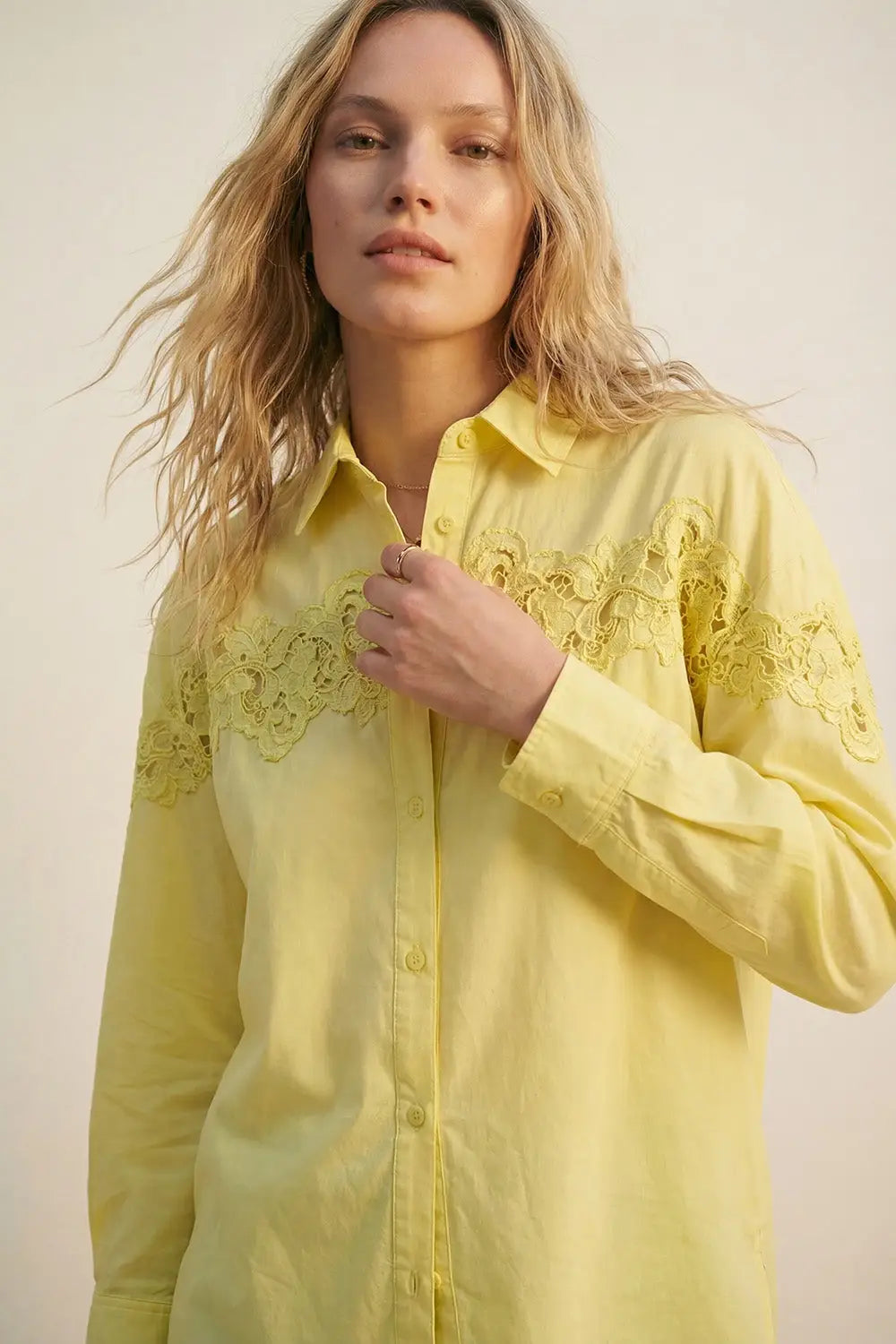 Yellow Oversized Poplin Shirt with Lace Detail - One Size / Yellow - Shirts