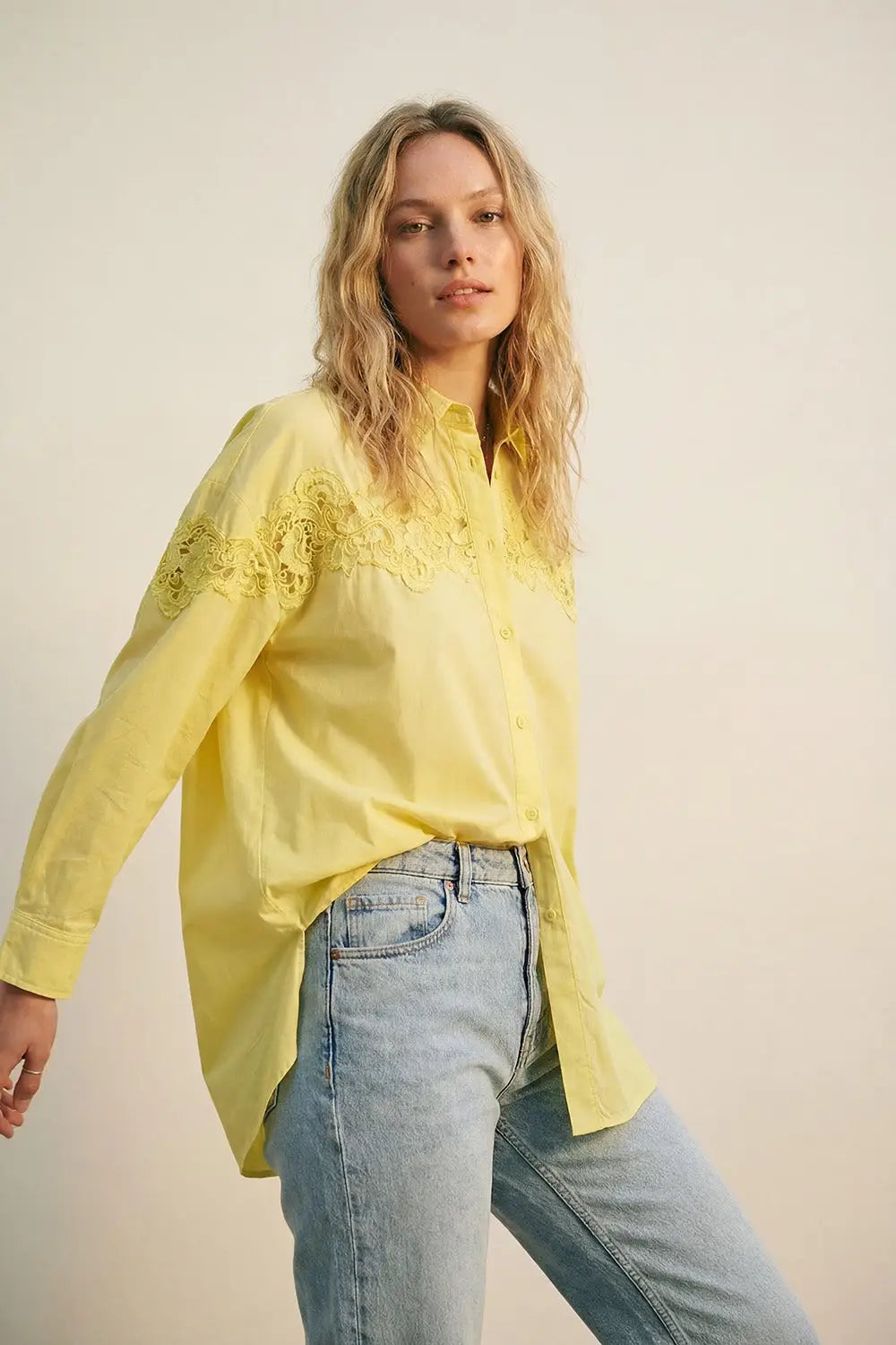 Q2 Yellow Oversized Poplin Shirt with Lace Detail