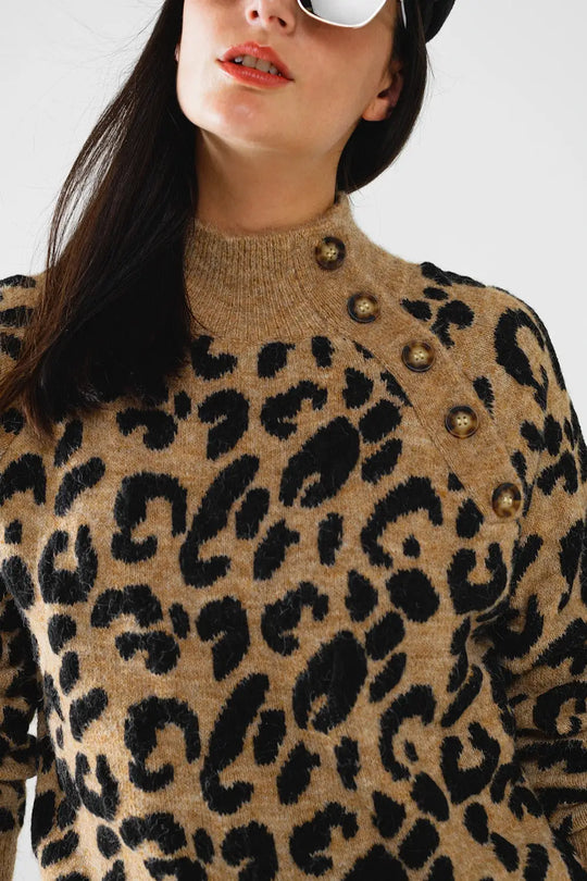 Leopard knit sweater with buttons on the side - One Size / Brown - Sweaters