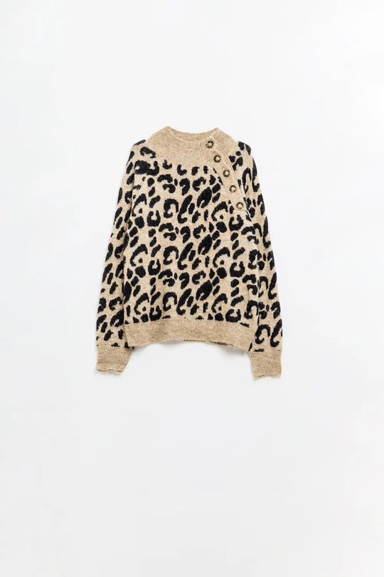 Leopard knit sweater with buttons on the side - One Size / Brown - Sweaters