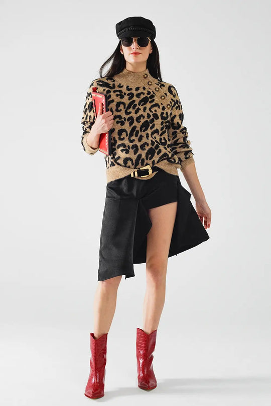 Leopard knit sweater with buttons on the side - One Size / Brown - Sweaters