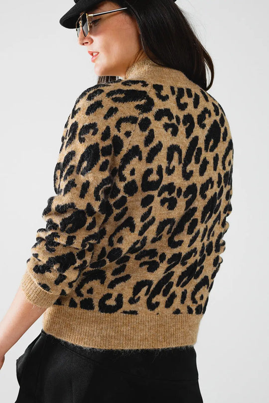Leopard knit sweater with buttons on the side - One Size / Brown - Sweaters