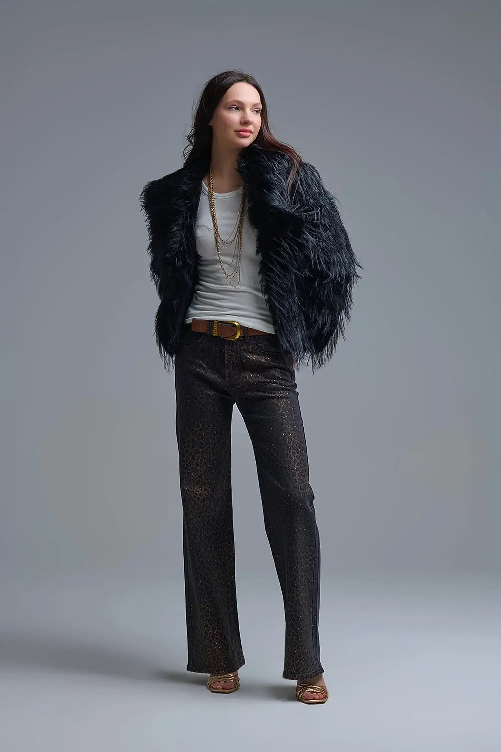 Leopard Print Black Straight-Leg Jeans with strass detail - Jeans