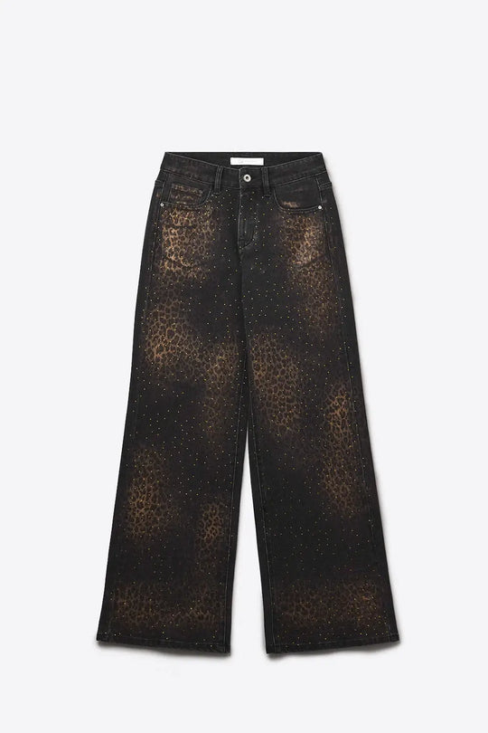 Leopard Print Black Straight-Leg Jeans with strass detail - Jeans