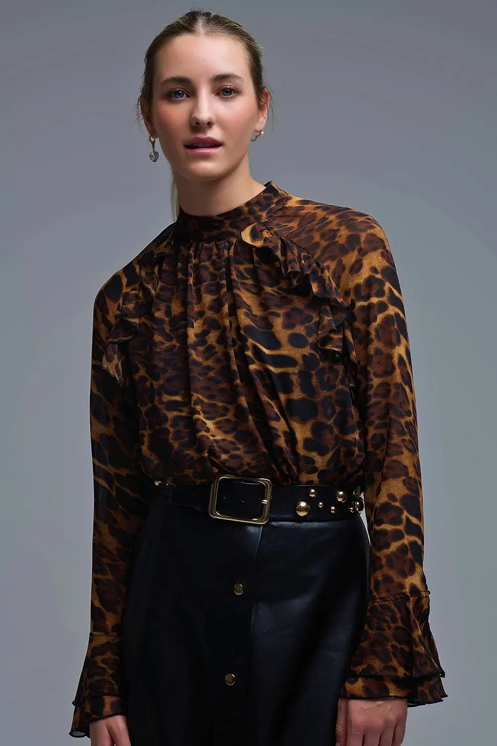 Q2 Leopard Print Blouse with Ruffle Details in chiffon
