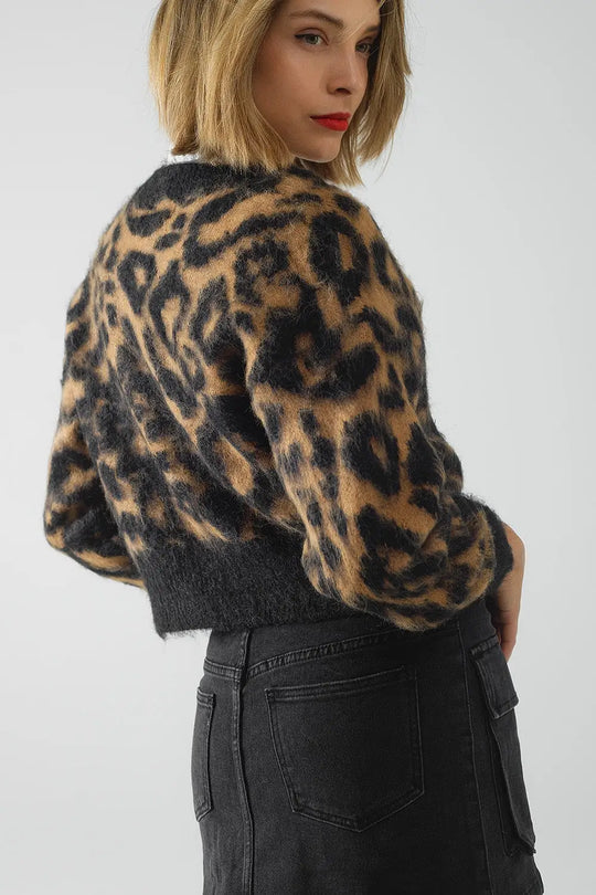 Leopard print cardigan made of knitted fabric with wool in Camel - One Size / Black - Sweaters
