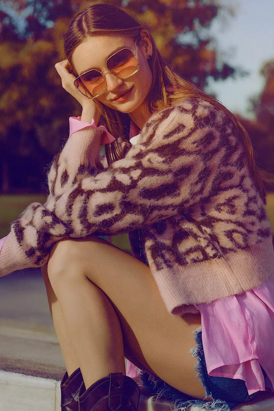 leopard print cardigan with wool in pink - One Size / Pink - Sweaters