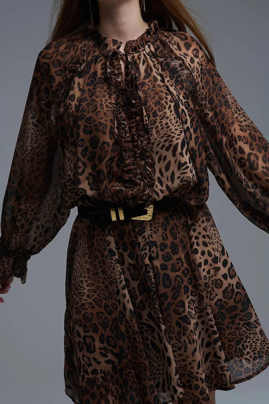 Leopard Print Chiffon Mini Dress with ruffle details - Dresses