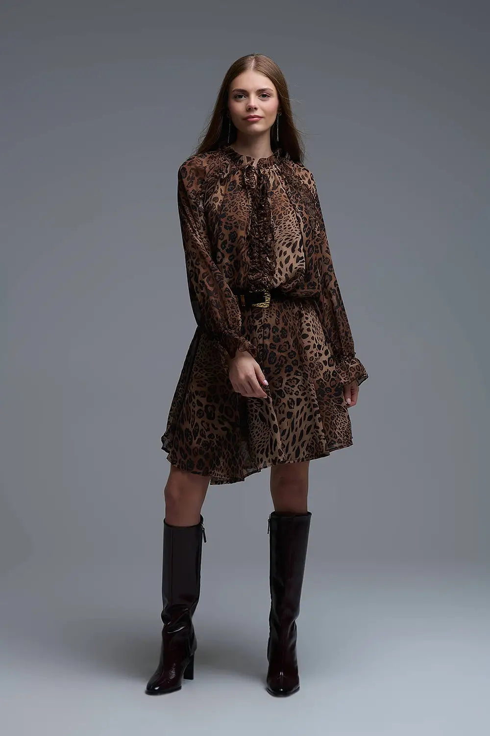 Leopard Print Chiffon Mini Dress with ruffle details - Dresses