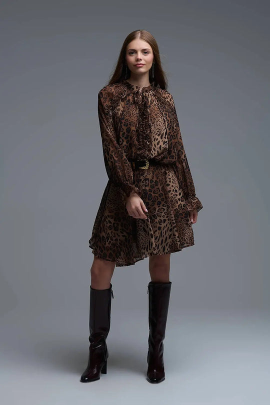 Leopard Print Chiffon Mini Dress with ruffle details - Dresses