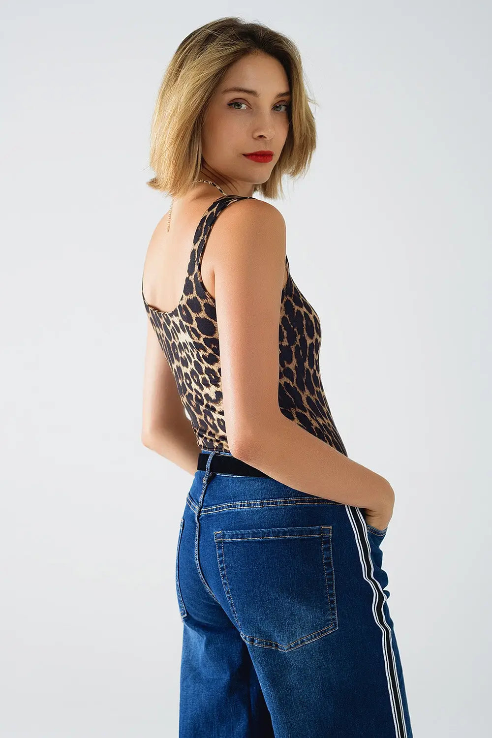 Leopard Print Spandex Strappy Top - Tops