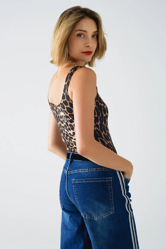 Leopard Print Spandex Strappy Top - Tops