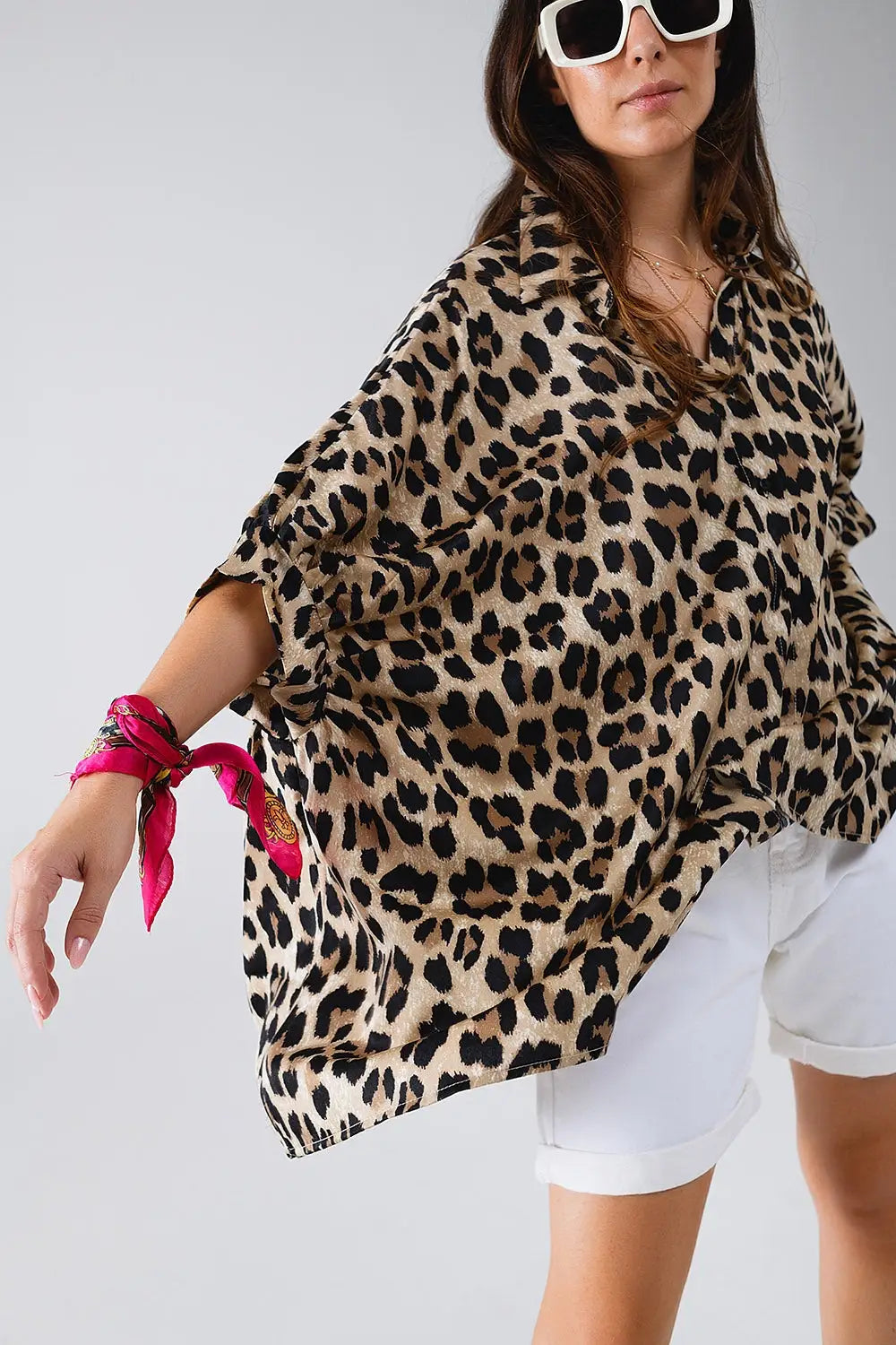 Leopard Print Oversize Shirt With 3/4 Long Sleeves - Shirts