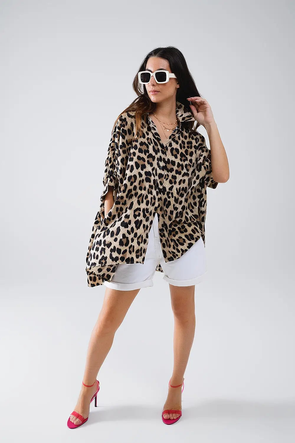 Leopard Print Oversize Shirt With 3/4 Long Sleeves - Shirts