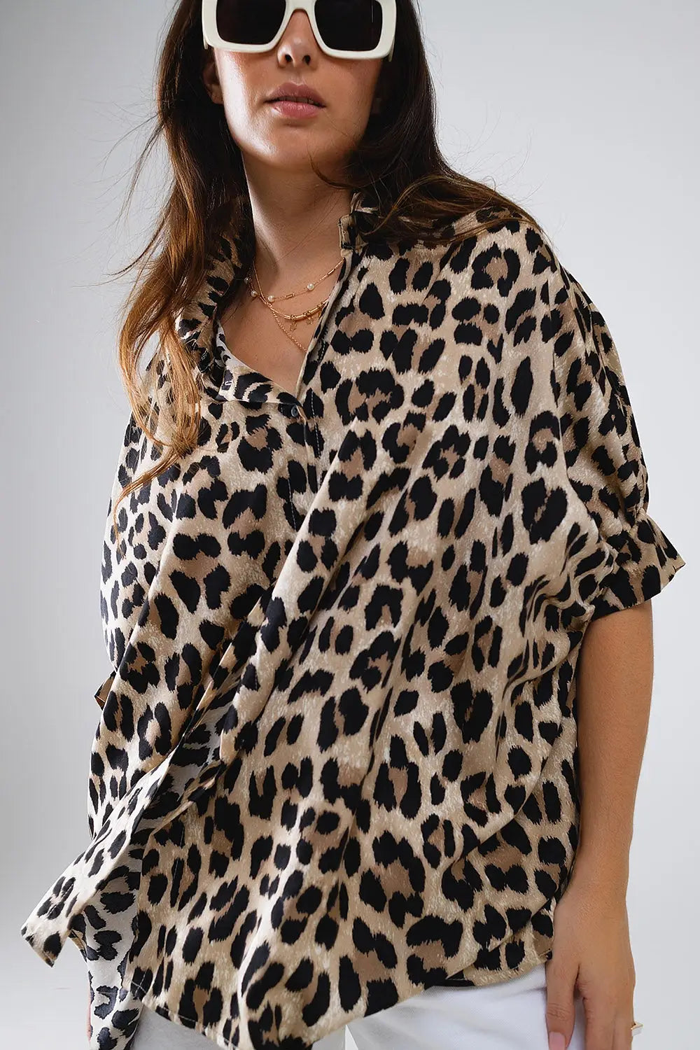 Leopard Print Oversize Shirt With 3/4 Long Sleeves - Shirts