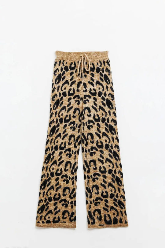 Leopard print pants with stretchy knit and drawstring detail - One Size / Brown - Pants