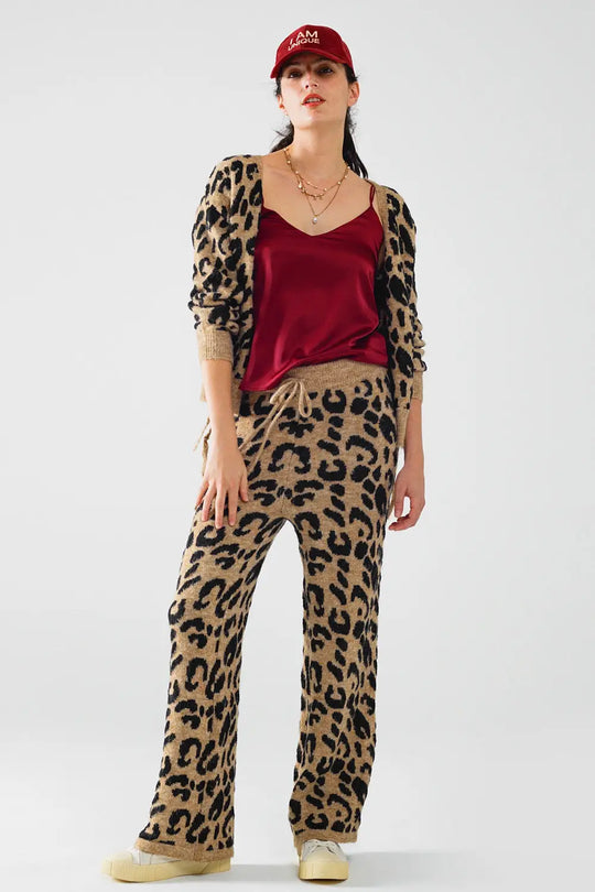Leopard print pants with stretchy knit and drawstring detail - One Size / Brown - Pants