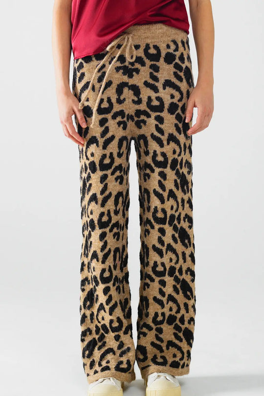 Leopard print pants with stretchy knit and drawstring detail - One Size / Brown - Pants