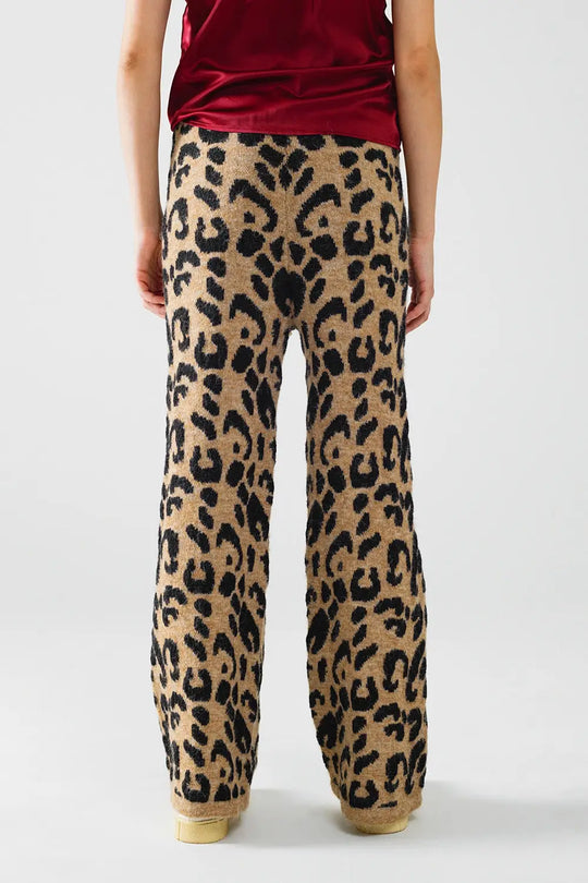 Leopard print pants with stretchy knit and drawstring detail - One Size / Brown - Pants