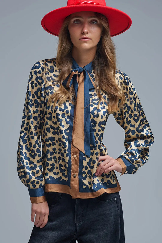 Q2 Leopard-Print Satin blouse with tie detail