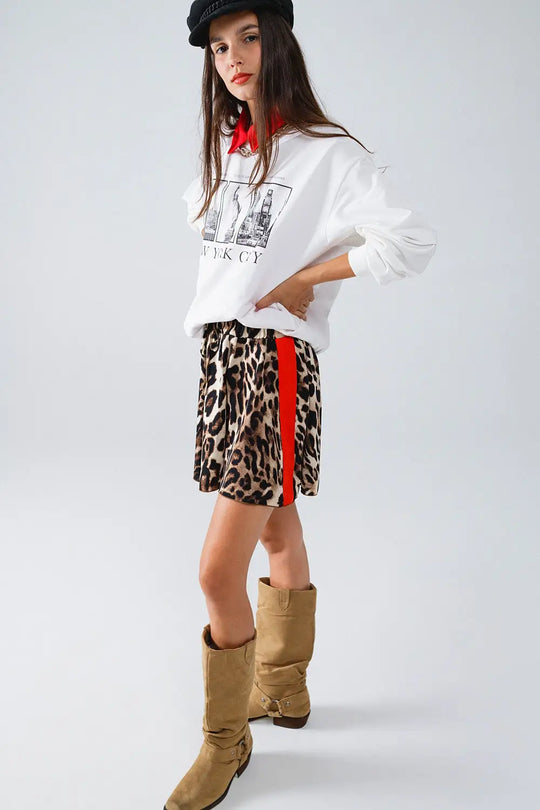 Leopard Print Shorts With Red Stripes On The Sides - Pants