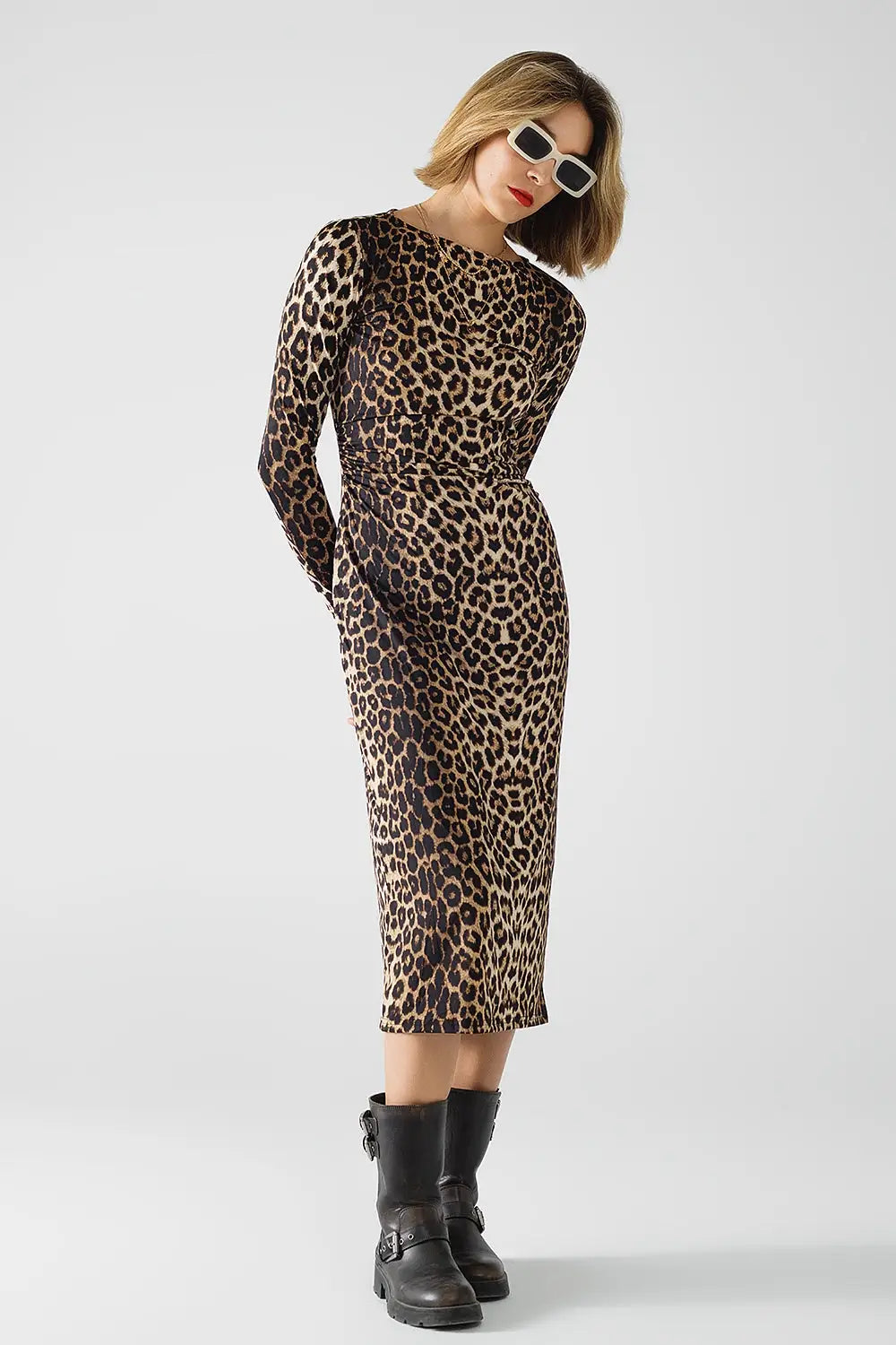 Leopard print Spandex dress with pleat detail at the waist - Dresses