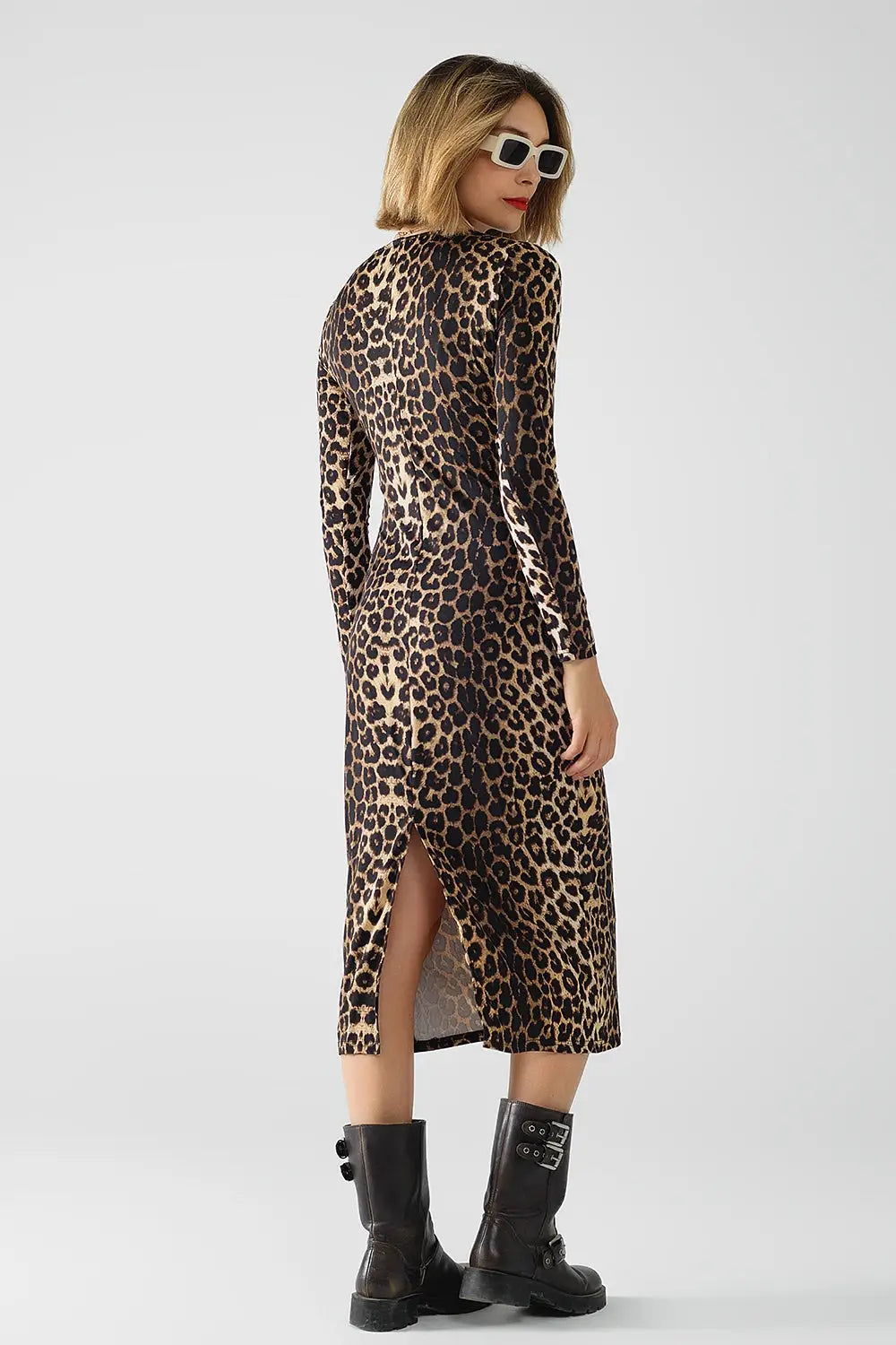 Leopard print Spandex dress with pleat detail at the waist - Dresses