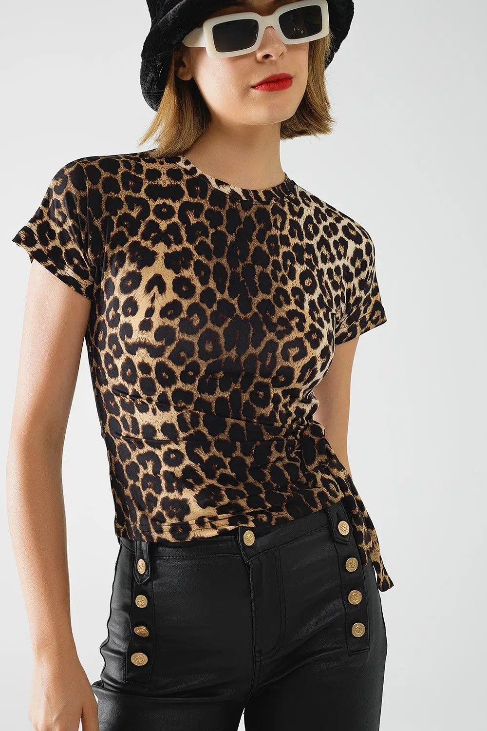 Leopard print Spandex t-shirt with bow detail - Tops
