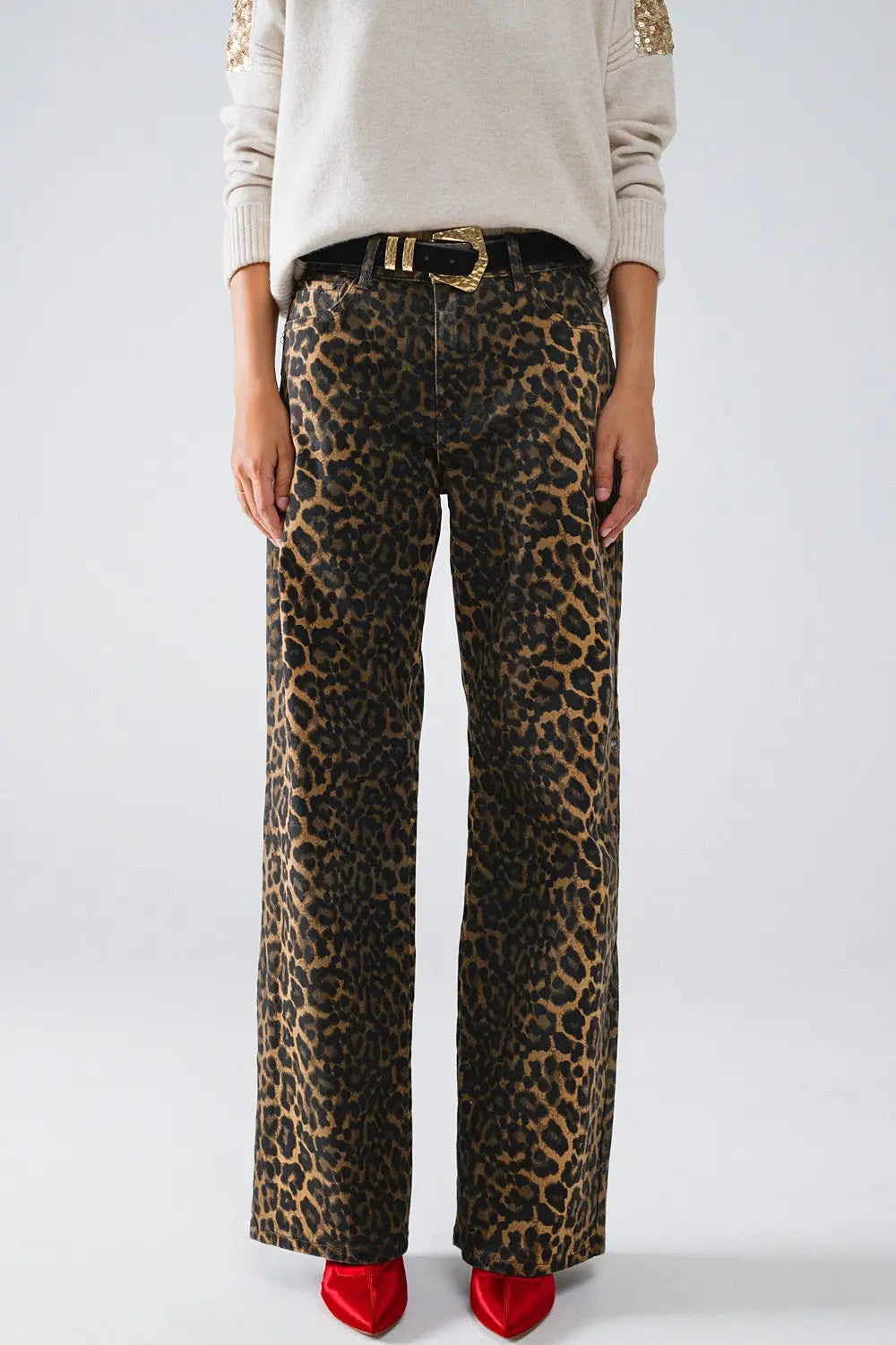Q2 Leopard Print Straight Leg Jeans