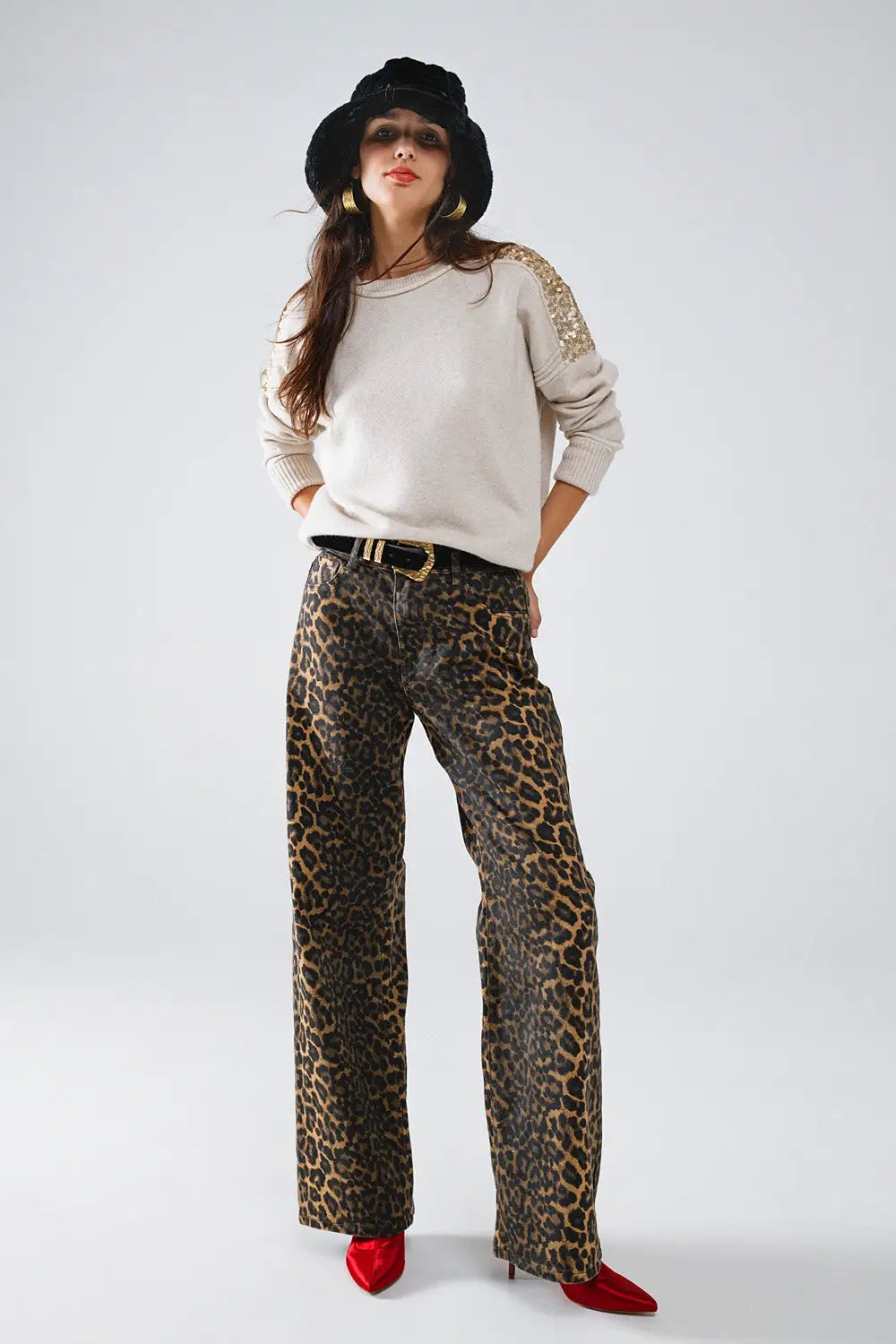 Leopard Print Straight Leg Jeans - Pants