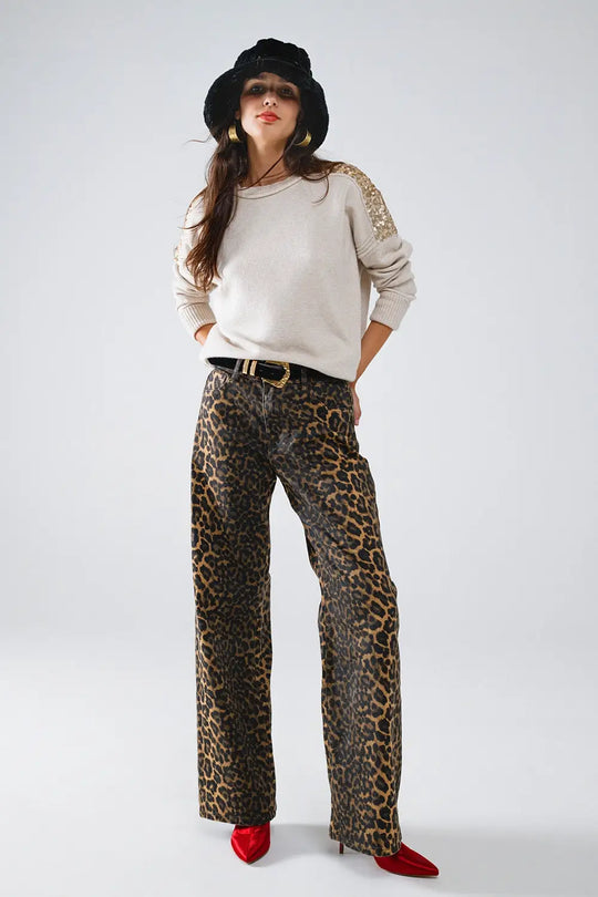 Leopard Print Straight Leg Jeans - Pants