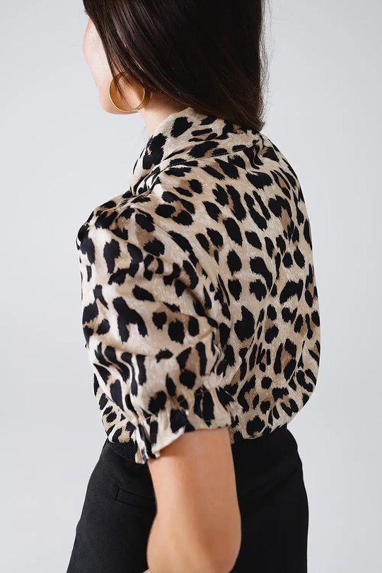 Leopard Print Tie-Neck Shirt With Puff Sleeves - Shirts