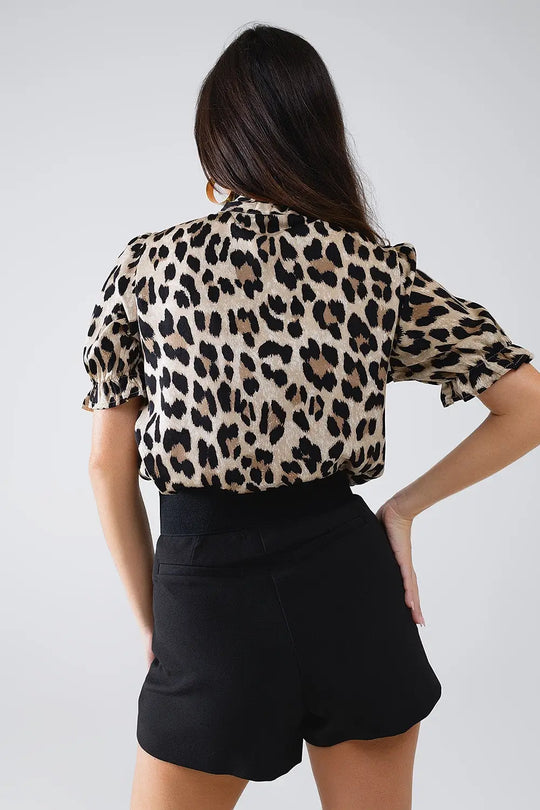 Leopard Print Tie-Neck Shirt With Puff Sleeves - Shirts