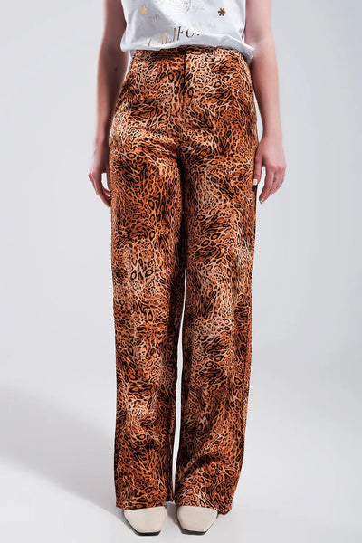 Q2 Leopard print wide leg pants in Brown