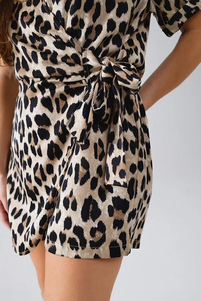 Leopard Print Wrap Playsuit - Dresses