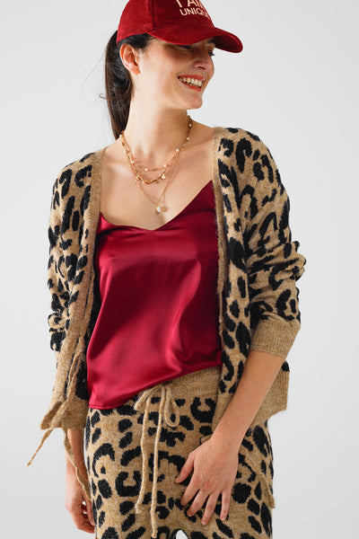 Q2 Leopard printed long sleeve cardigan with bows detail