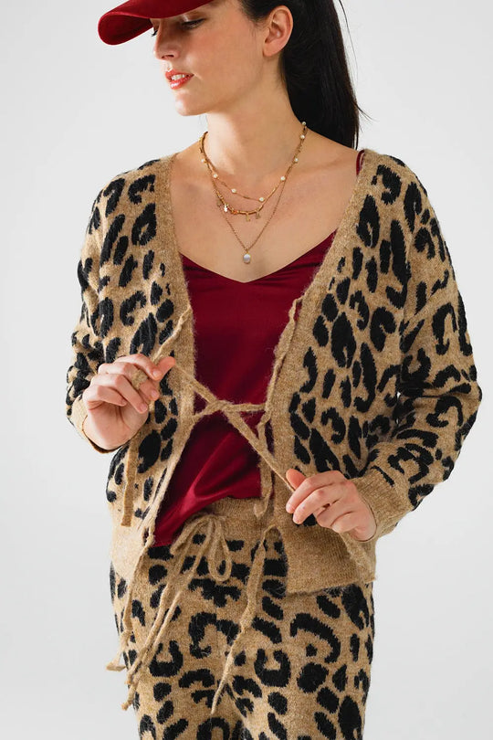 Leopard printed long sleeve cardigan with bows detail - One Size / Brown - Sweaters