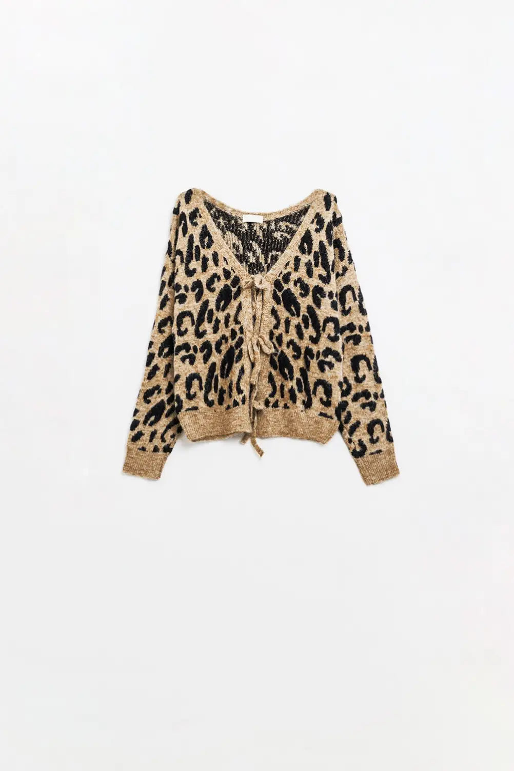 Leopard printed long sleeve cardigan with bows detail - One Size / Brown - Sweaters