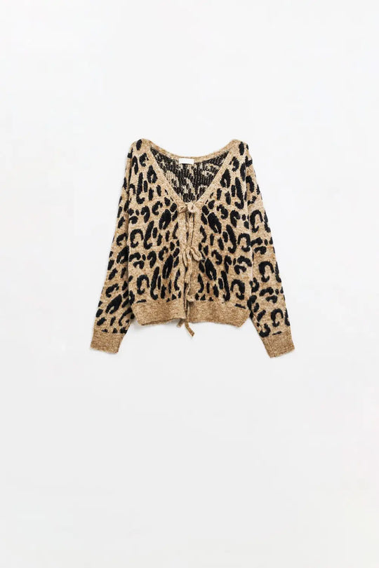 Leopard printed long sleeve cardigan with bows detail - One Size / Brown - Sweaters