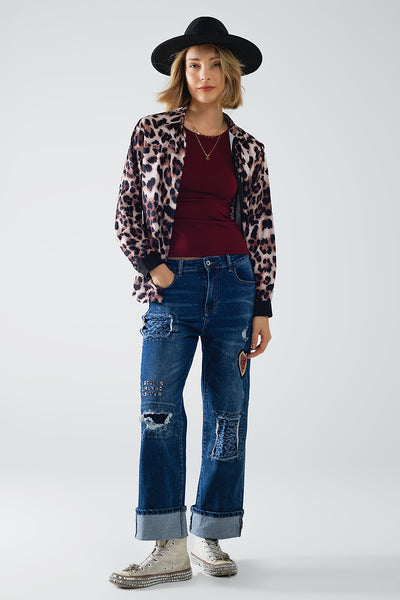 leopard shirt with black satin detail