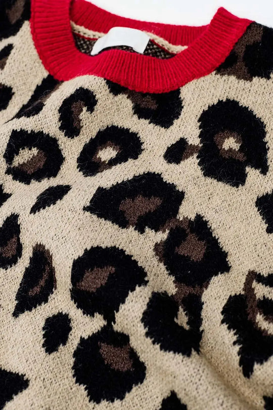 Leopard sweater with red detail on the neck and sleeves - One Size / Brown - Sweaters