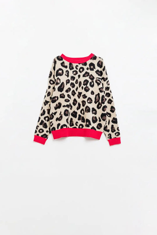 Leopard sweater with red detail on the neck and sleeves - One Size / Brown - Sweaters