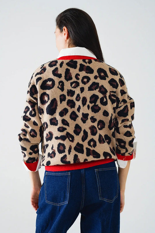 Leopard sweater with red detail on the neck and sleeves - One Size / Brown - Sweaters