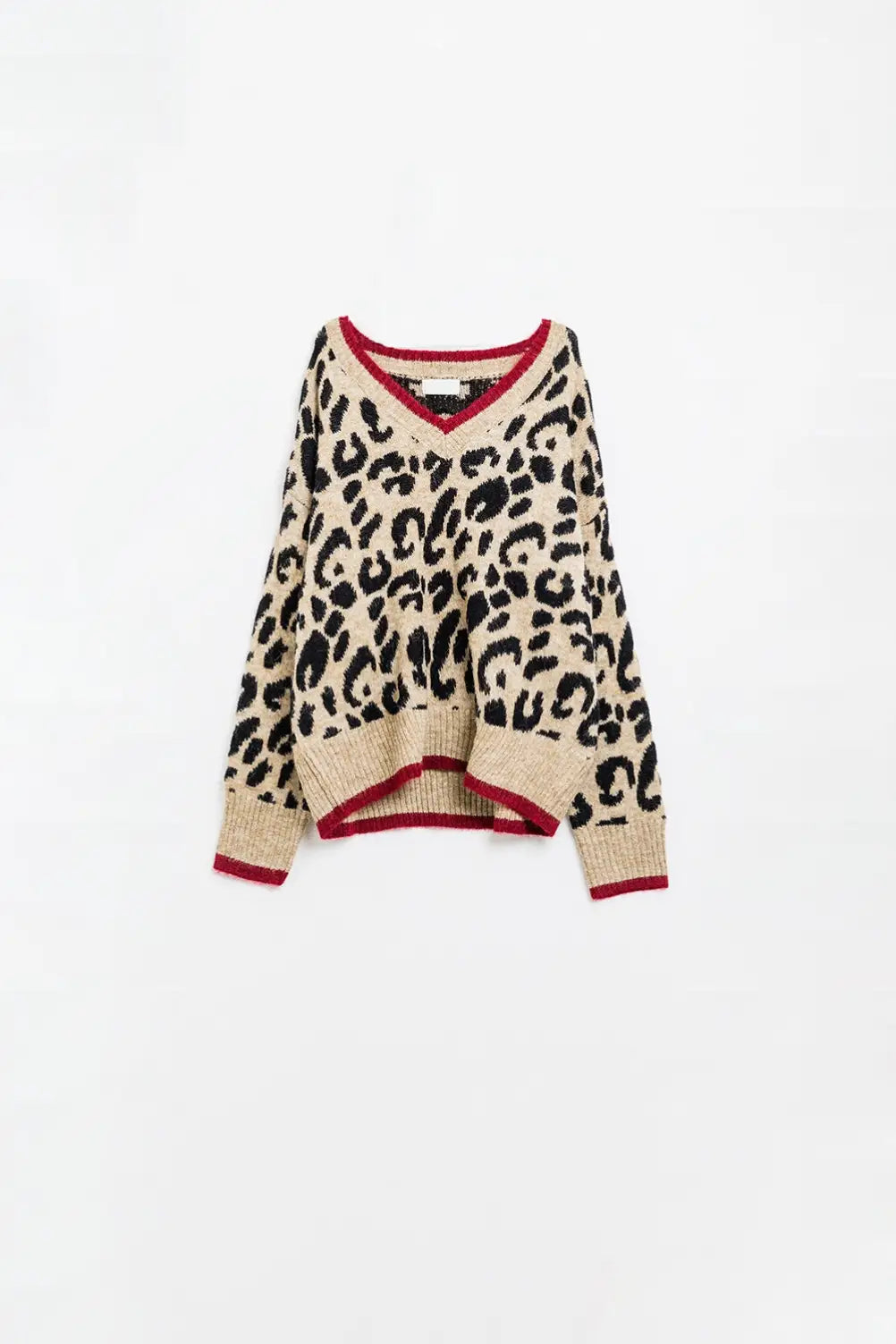 Q2 Leopard V-neck sweater with red line detail