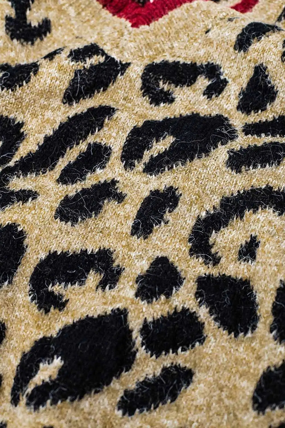 Leopard V-neck sweater with red line detail - One Size / Brown - Sweaters