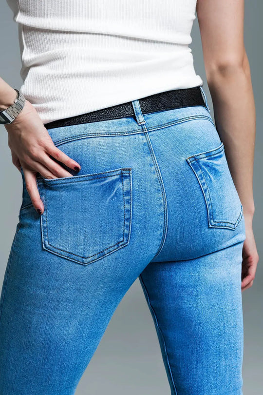 Light blue basic skinny jeans with short slit at hem - Jeans