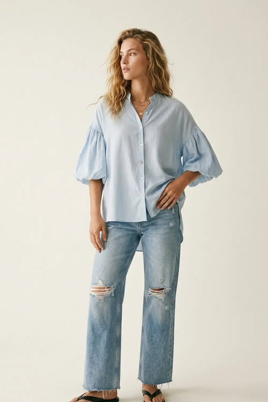 Q2 Light Blue Button-Back Puff Sleeve Blouse